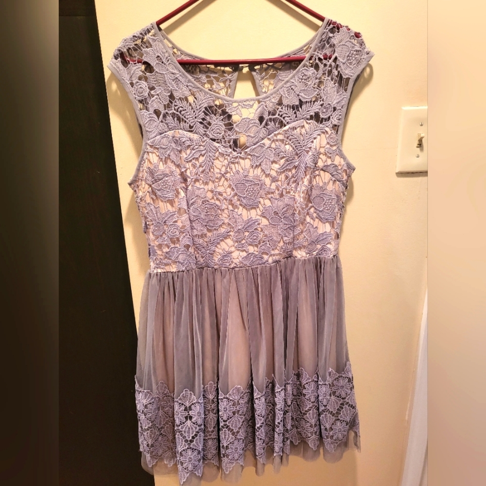 Icy grey and white crochet lace overlay sweetheart fit and flare dress